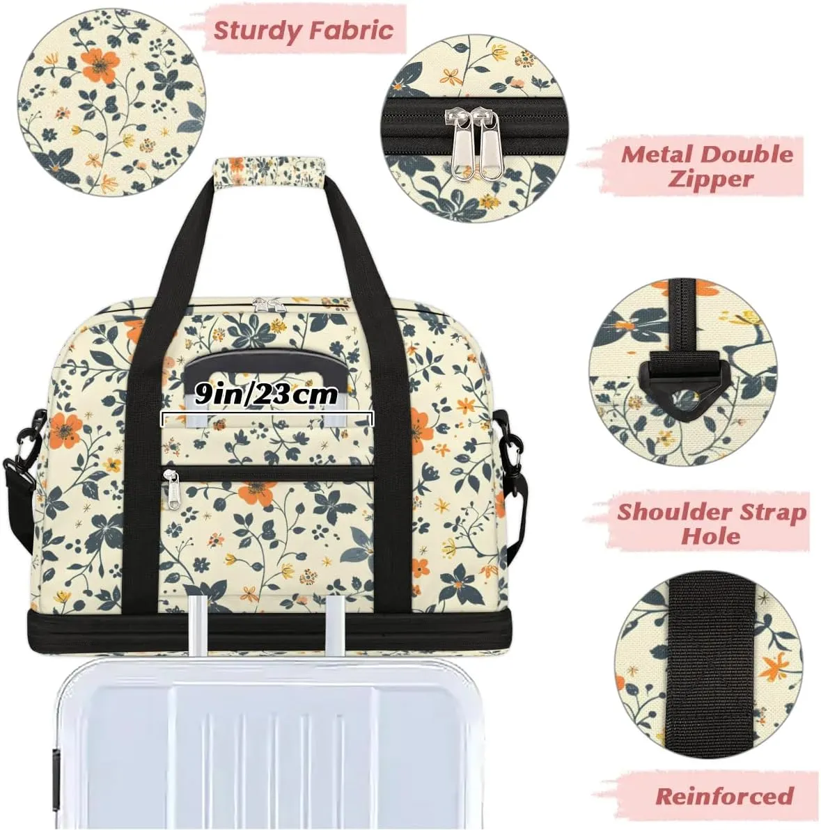 Graceful Flower Pattern Colorful Travel Duffle Bag, Collapsible Travel Bag Sports Gym Bag With Shoes Compartment Weekender Bag Overnight Bag For Women Men