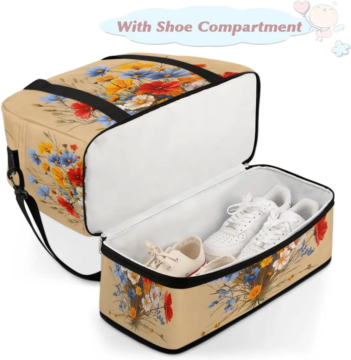 Graceful Flower Print Colorful Travel Duffle Bag, Collapsible Travel Bag Sports Gym Bag With Shoes Compartment Weekender Bag Overnight Bag For Women Men