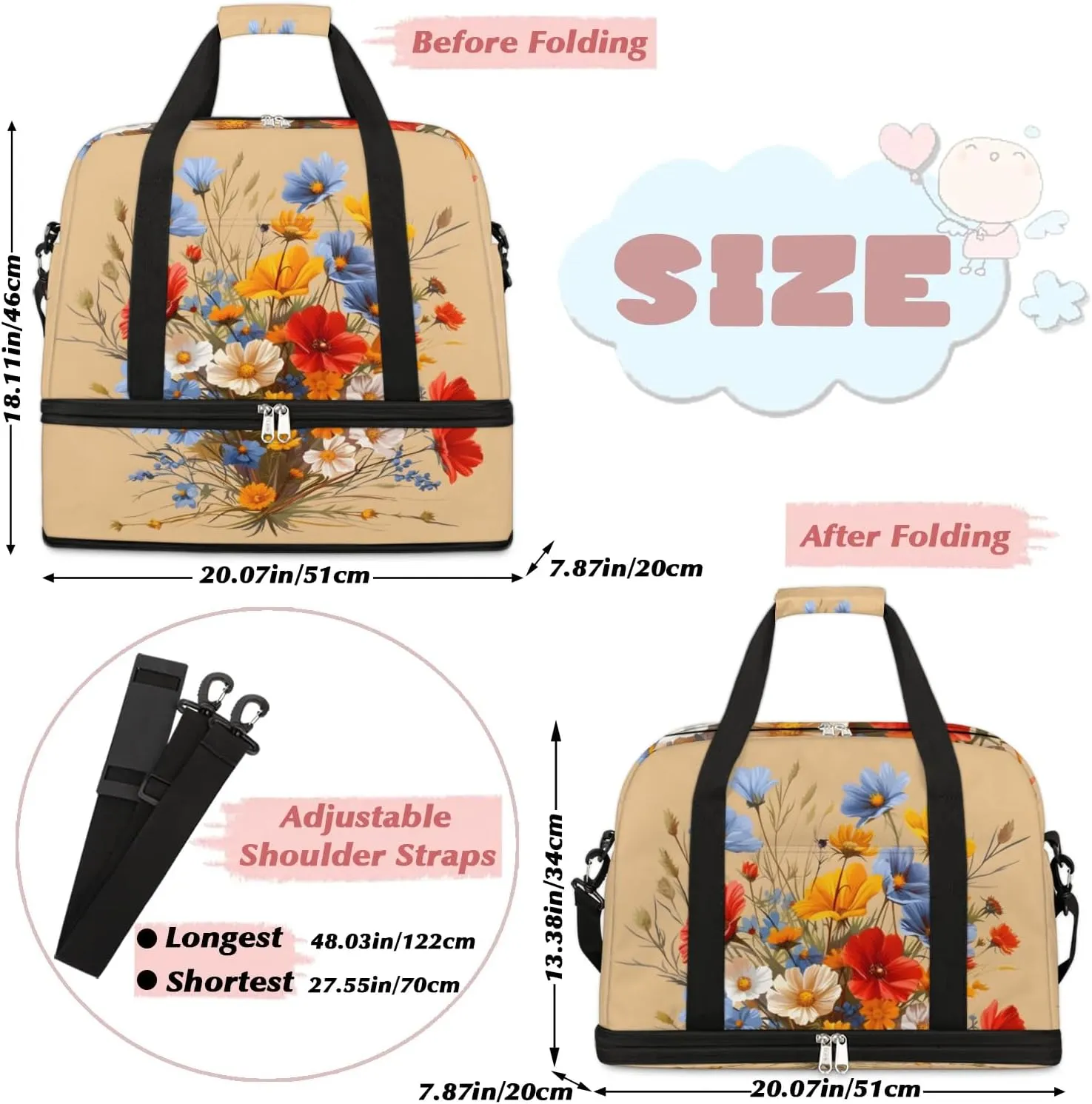 Graceful Flower Print Colorful Travel Duffle Bag, Collapsible Travel Bag Sports Gym Bag With Shoes Compartment Weekender Bag Overnight Bag For Women Men
