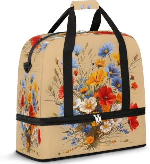 Graceful Flower Print Colorful Travel Duffle Bag, Collapsible Travel Bag Sports Gym Bag With Shoes Compartment Weekender Bag Overnight Bag For Women Men