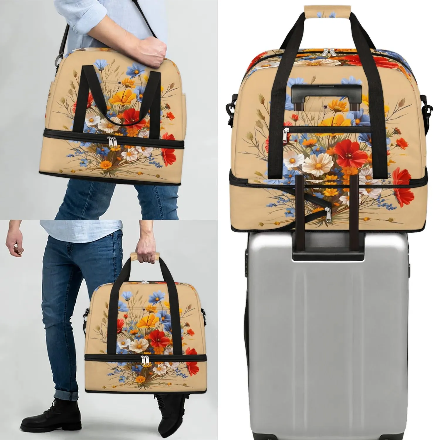 Graceful Flower Print Colorful Travel Duffle Bag, Collapsible Travel Bag Sports Gym Bag With Shoes Compartment Weekender Bag Overnight Bag For Women Men