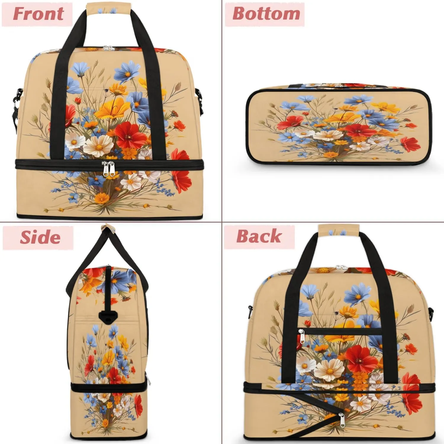 Graceful Flower Print Colorful Travel Duffle Bag, Collapsible Travel Bag Sports Gym Bag With Shoes Compartment Weekender Bag Overnight Bag For Women Men