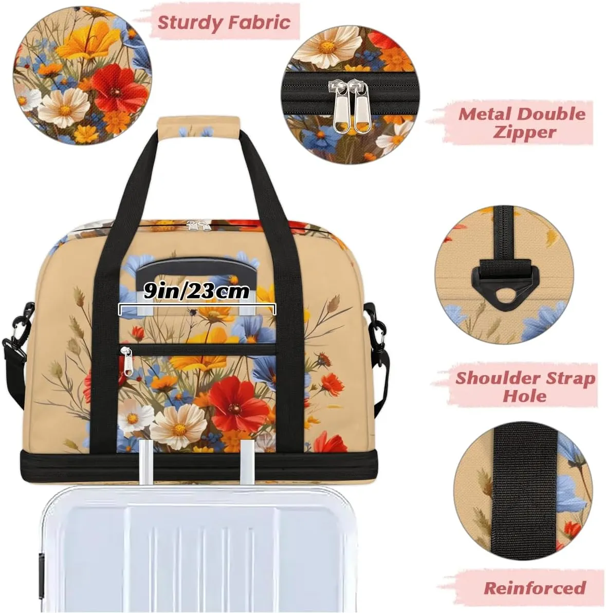 Graceful Flower Print Colorful Travel Duffle Bag, Collapsible Travel Bag Sports Gym Bag With Shoes Compartment Weekender Bag Overnight Bag For Women Men