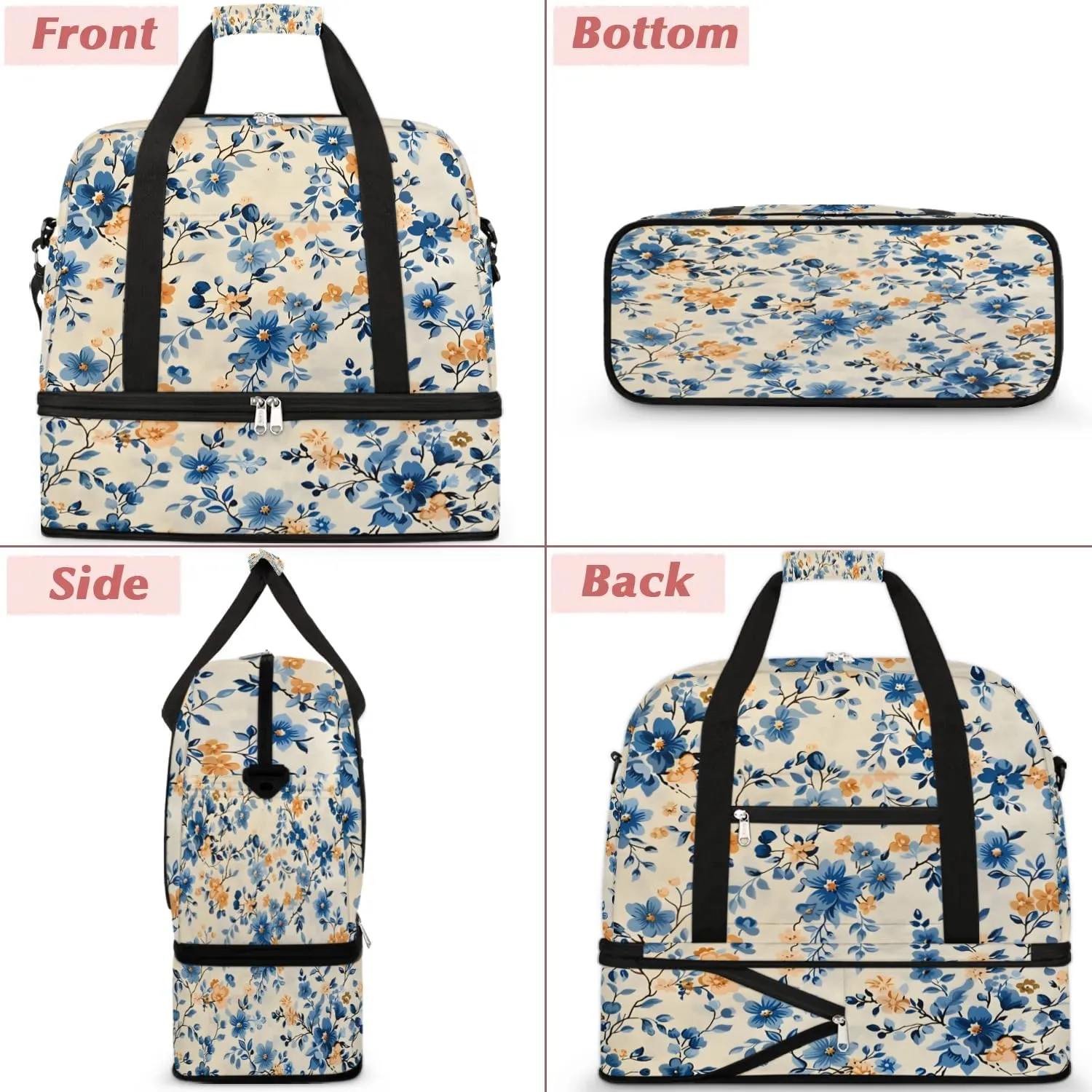 Graceful Flower Retro Pattern Travel Duffle Bag, Collapsible Travel Bag Sports Gym Bag With Shoes Compartment Weekender Bag Overnight Bag For Women Men