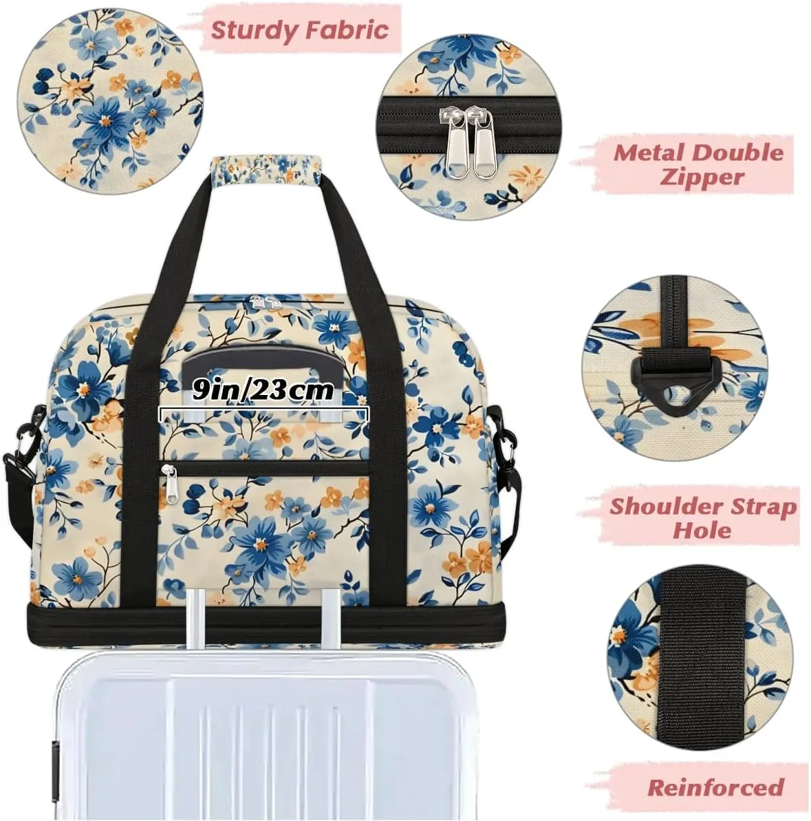 Graceful Flower Retro Pattern Travel Duffle Bag, Collapsible Travel Bag Sports Gym Bag With Shoes Compartment Weekender Bag Overnight Bag For Women Men