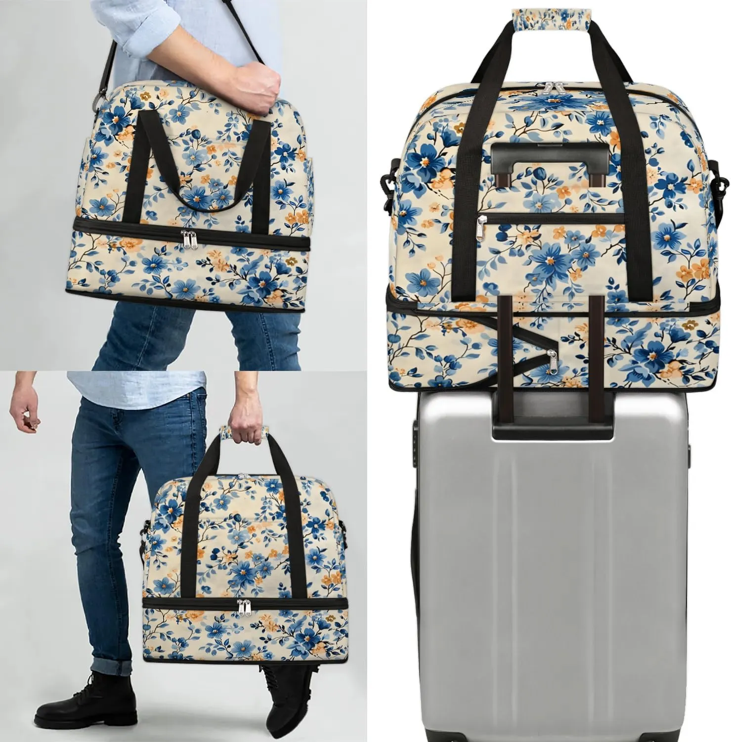Graceful Flower Retro Pattern Travel Duffle Bag, Collapsible Travel Bag Sports Gym Bag With Shoes Compartment Weekender Bag Overnight Bag For Women Men