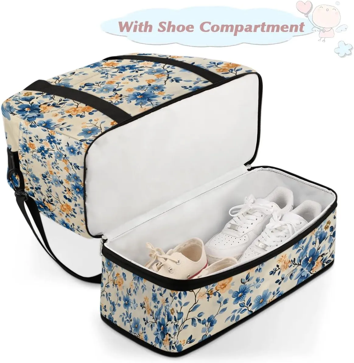 Graceful Flower Retro Pattern Travel Duffle Bag, Collapsible Travel Bag Sports Gym Bag With Shoes Compartment Weekender Bag Overnight Bag For Women Men
