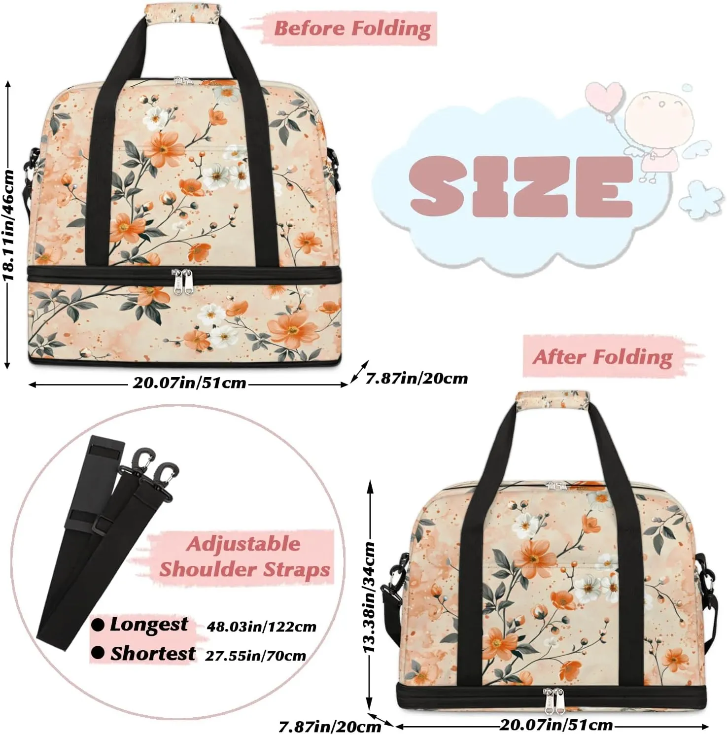 Graceful Flower Retro Print Travel Duffle Bag, Collapsible Travel Bag Sports Gym Bag With Shoes Compartment Weekender Bag Overnight Bag For Women Men