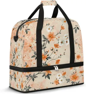 Graceful Flower Retro Print Travel Duffle Bag, Collapsible Travel Bag Sports Gym Bag With Shoes Compartment Weekender Bag Overnight Bag For Women Men