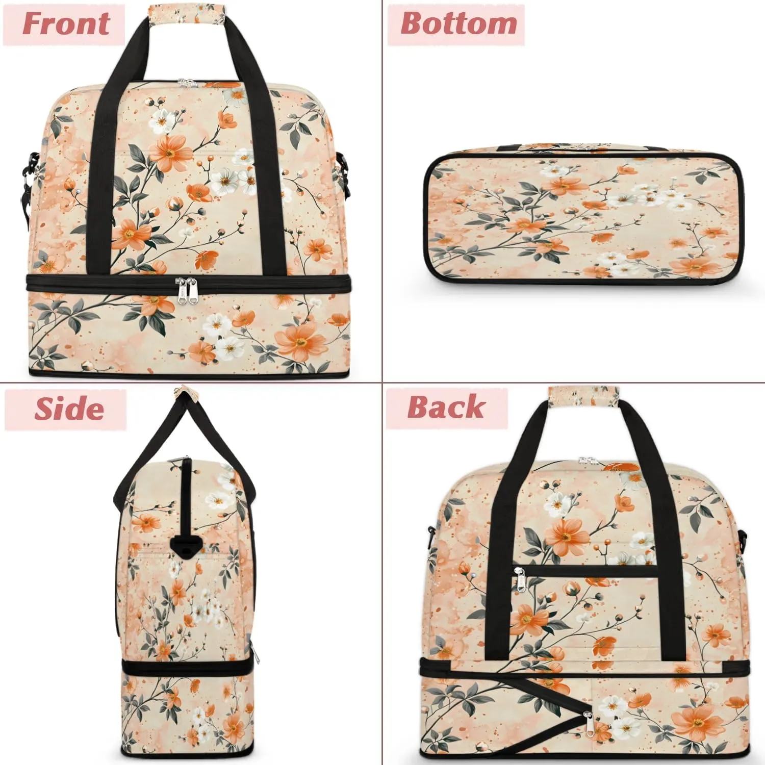 Graceful Flower Retro Print Travel Duffle Bag, Collapsible Travel Bag Sports Gym Bag With Shoes Compartment Weekender Bag Overnight Bag For Women Men