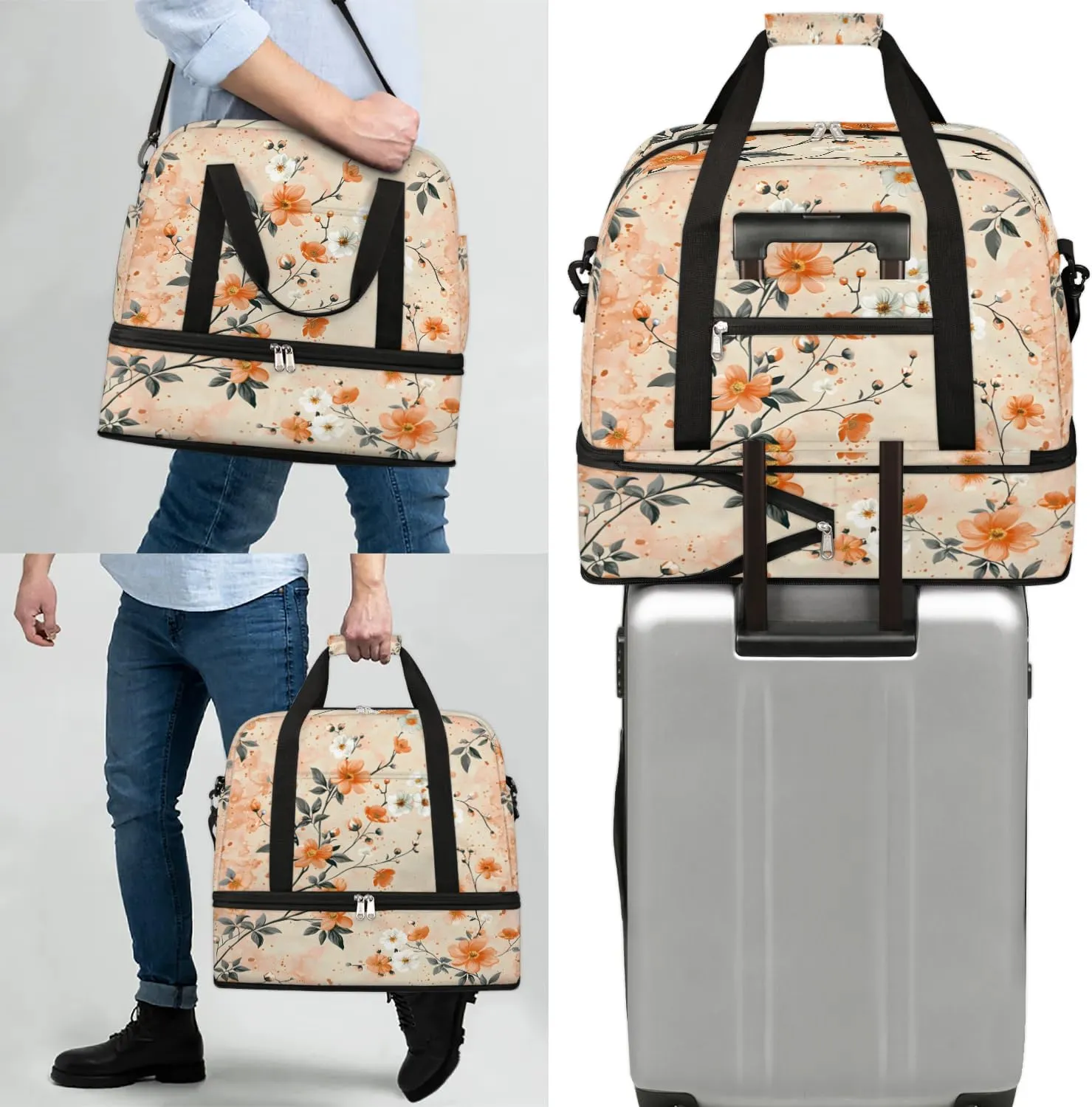 Graceful Flower Retro Print Travel Duffle Bag, Collapsible Travel Bag Sports Gym Bag With Shoes Compartment Weekender Bag Overnight Bag For Women Men