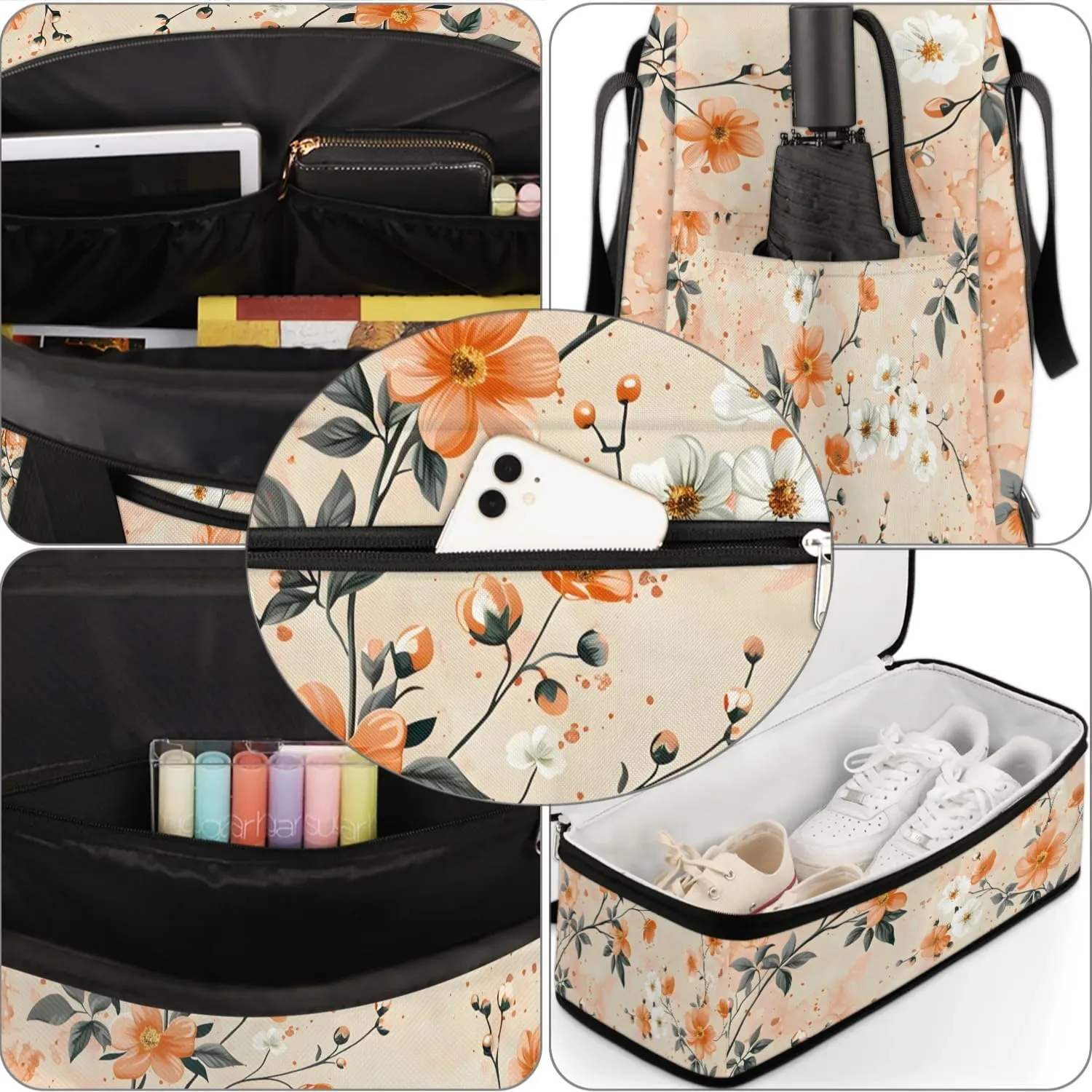 Graceful Flower Retro Print Travel Duffle Bag, Collapsible Travel Bag Sports Gym Bag With Shoes Compartment Weekender Bag Overnight Bag For Women Men