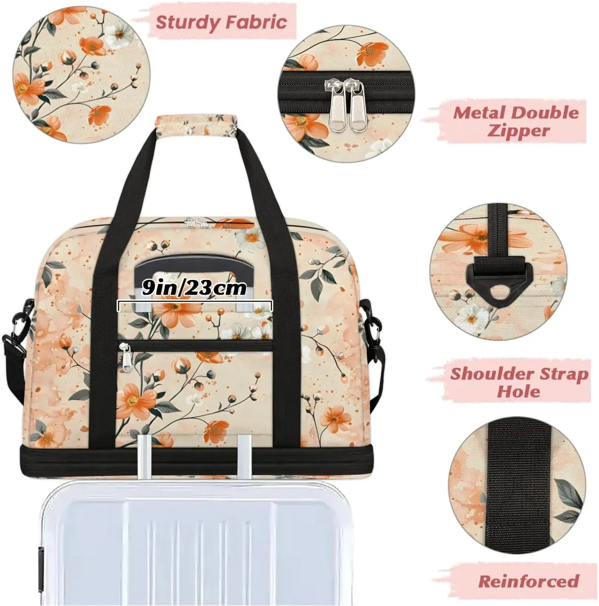Graceful Flower Retro Print Travel Duffle Bag, Collapsible Travel Bag Sports Gym Bag With Shoes Compartment Weekender Bag Overnight Bag For Women Men