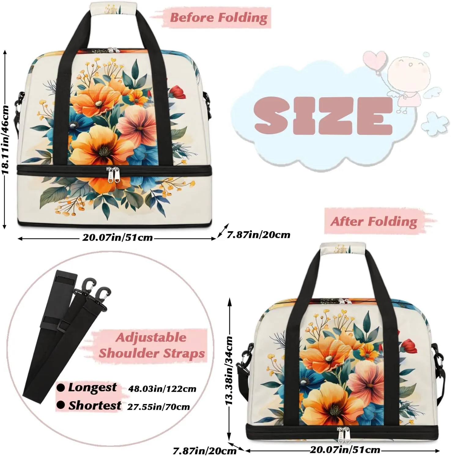 Graceful Flowers Beautiful Pattern Travel Duffle Bag, Collapsible Travel Bag Sports Gym Bag With Shoes Compartment Weekender Bag Overnight Bag For Women Men