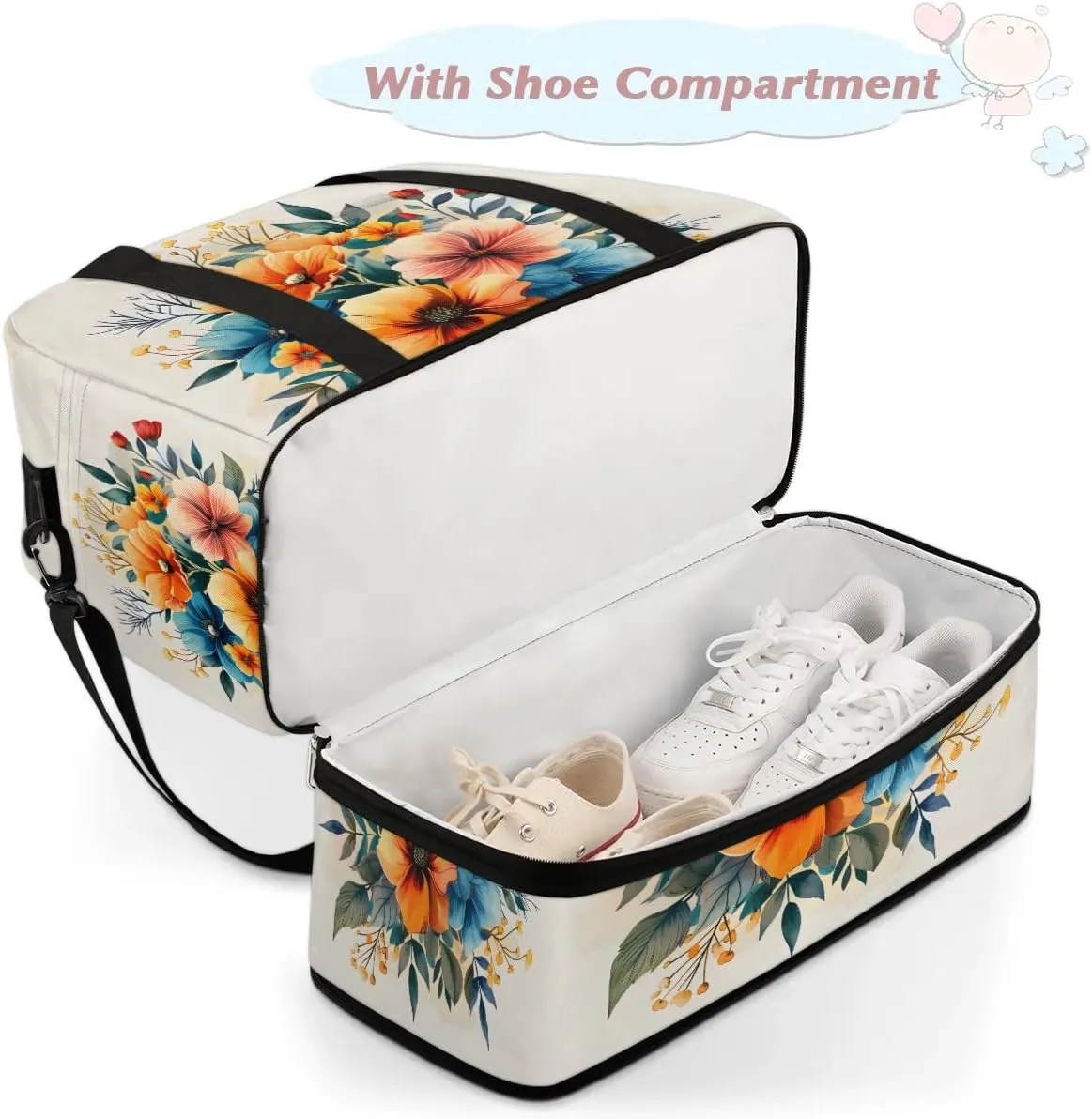 Graceful Flowers Beautiful Pattern Travel Duffle Bag, Collapsible Travel Bag Sports Gym Bag With Shoes Compartment Weekender Bag Overnight Bag For Women Men