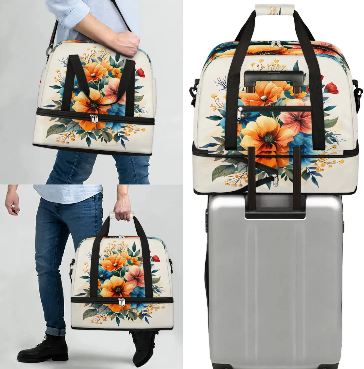 Graceful Flowers Beautiful Pattern Travel Duffle Bag, Collapsible Travel Bag Sports Gym Bag With Shoes Compartment Weekender Bag Overnight Bag For Women Men