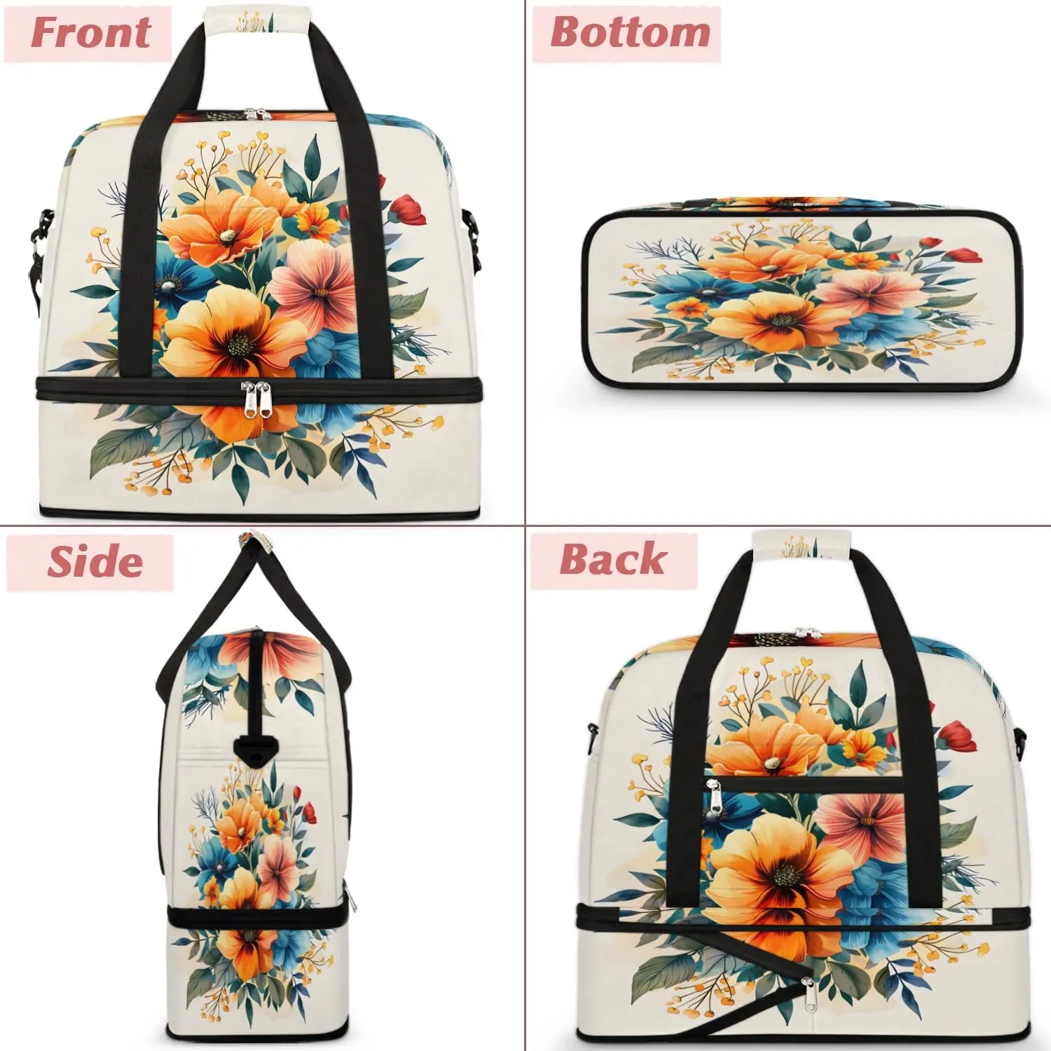 Graceful Flowers Beautiful Pattern Travel Duffle Bag, Collapsible Travel Bag Sports Gym Bag With Shoes Compartment Weekender Bag Overnight Bag For Women Men