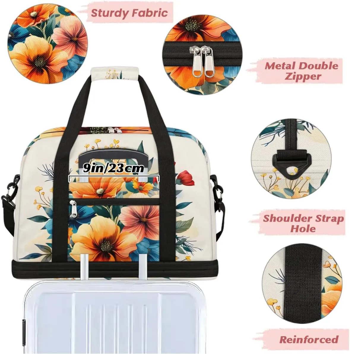 Graceful Flowers Beautiful Pattern Travel Duffle Bag, Collapsible Travel Bag Sports Gym Bag With Shoes Compartment Weekender Bag Overnight Bag For Women Men