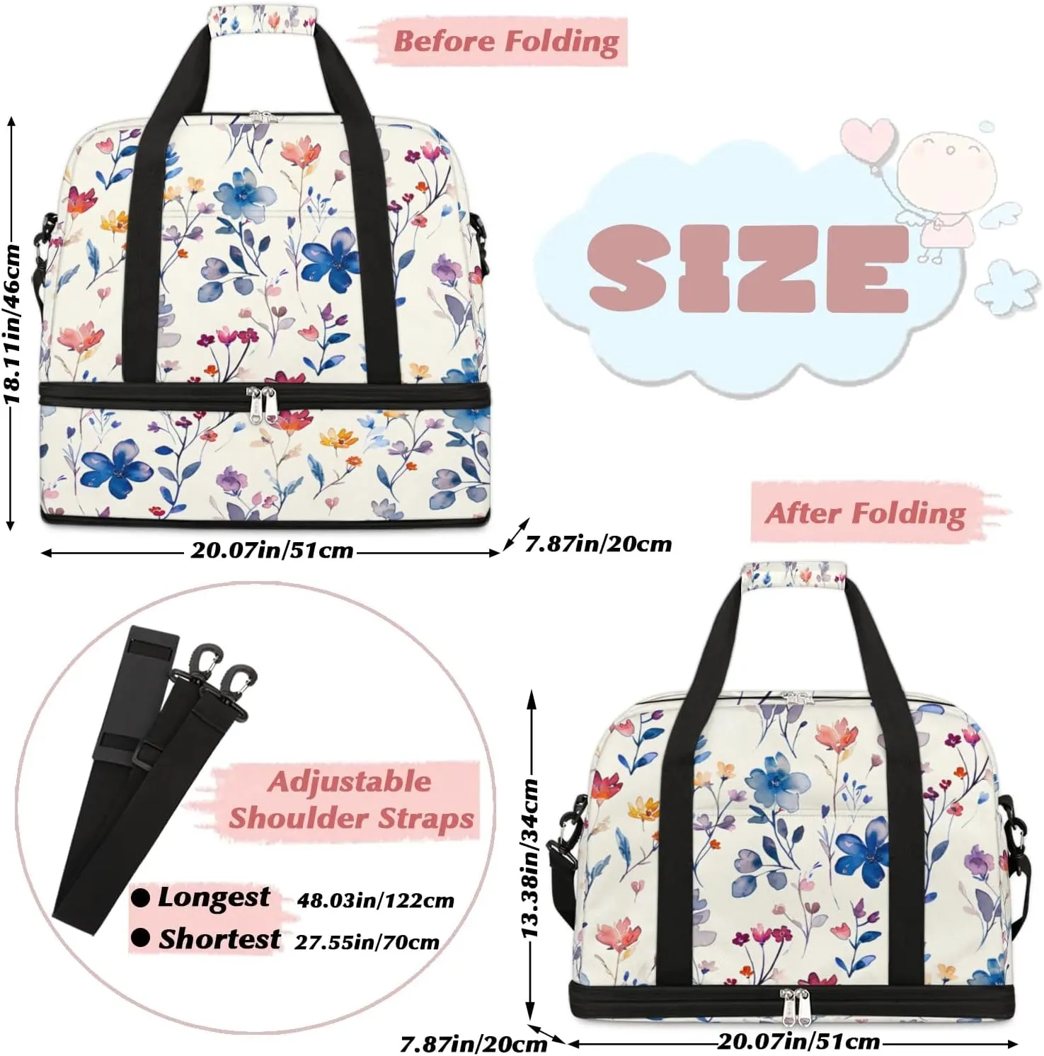Graceful Flowers Colorful Pattern Travel Duffle Bag, Collapsible Travel Bag Sports Gym Bag With Shoes Compartment Weekender Bag Overnight Bag For Women Men