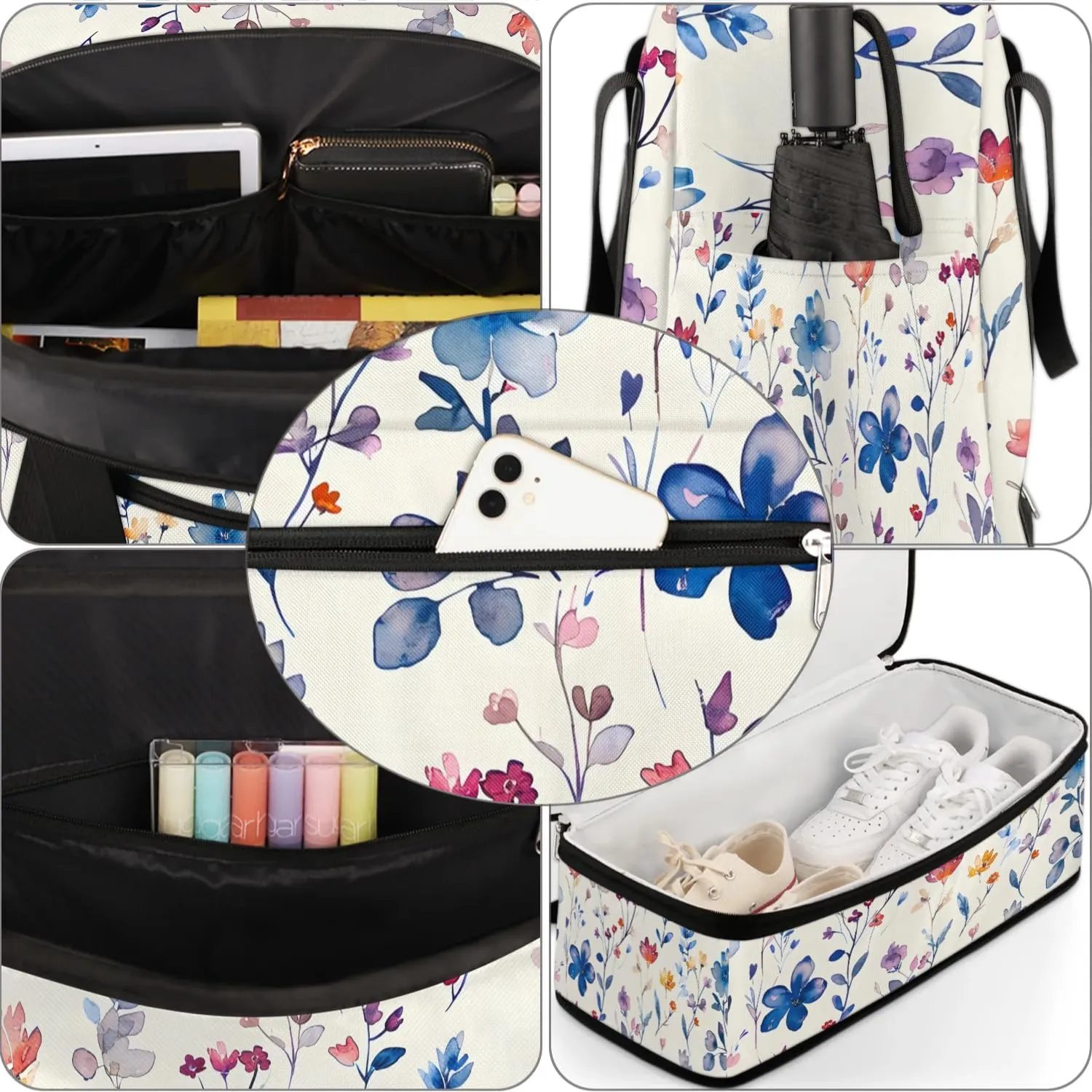 Graceful Flowers Colorful Pattern Travel Duffle Bag, Collapsible Travel Bag Sports Gym Bag With Shoes Compartment Weekender Bag Overnight Bag For Women Men