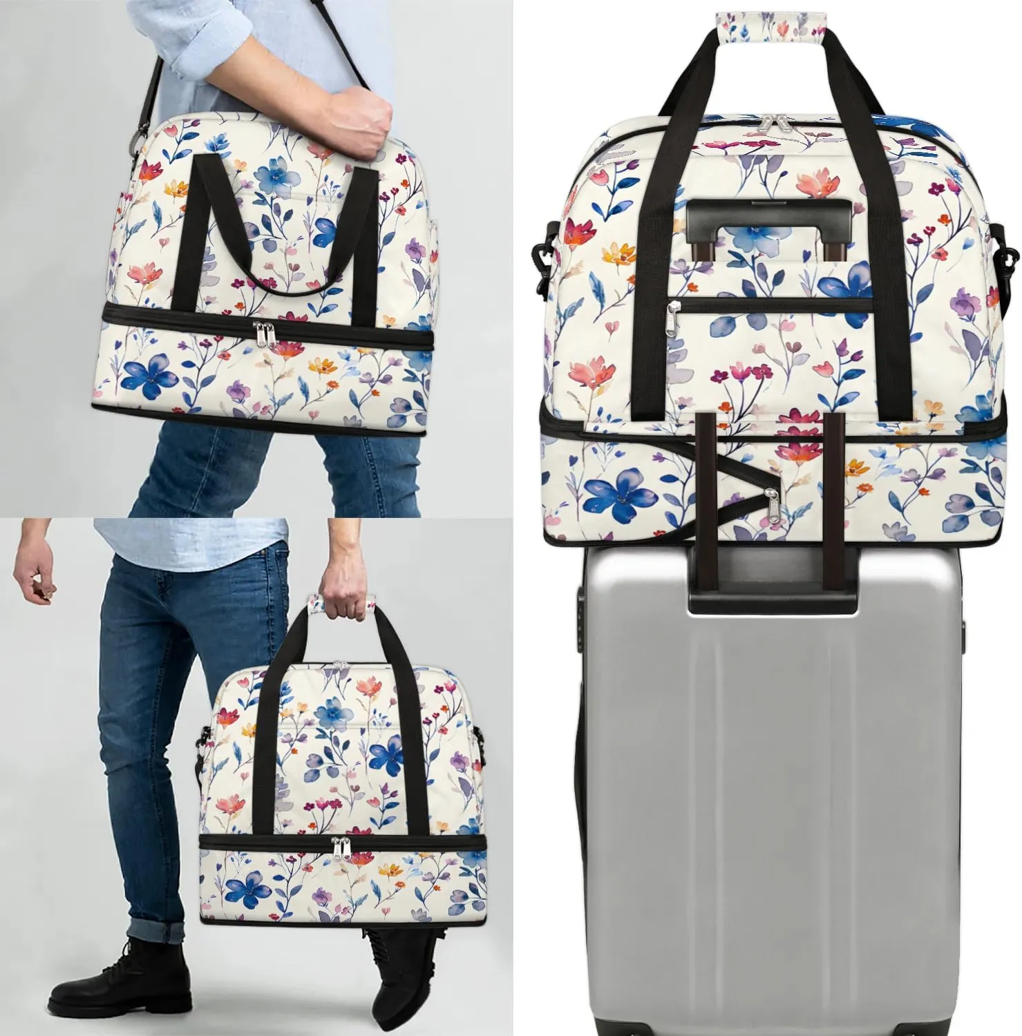 Graceful Flowers Colorful Pattern Travel Duffle Bag, Collapsible Travel Bag Sports Gym Bag With Shoes Compartment Weekender Bag Overnight Bag For Women Men