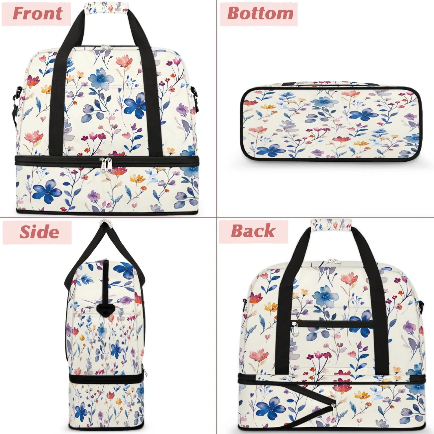 Graceful Flowers Colorful Pattern Travel Duffle Bag, Collapsible Travel Bag Sports Gym Bag With Shoes Compartment Weekender Bag Overnight Bag For Women Men