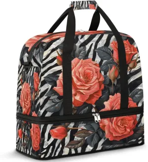 Graceful Rose Flora Pattern Travel Duffle Bag, Collapsible Travel Bag Sports Gym Bag With Shoes Compartment Weekender Bag Overnight Bag For Women Men