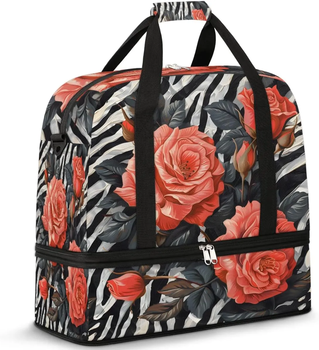 Graceful Rose Flora Pattern Travel Duffle Bag, Collapsible Travel Bag Sports Gym Bag With Shoes Compartment Weekender Bag Overnight Bag For Women Men