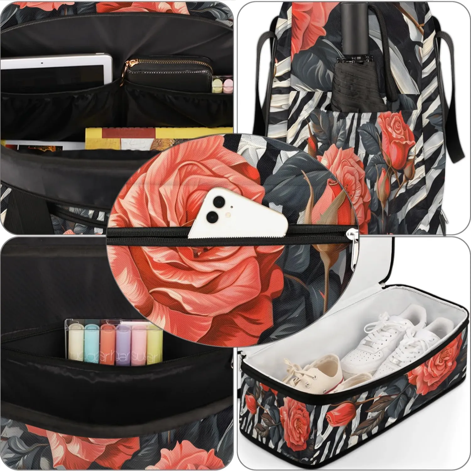 Graceful Rose Flora Pattern Travel Duffle Bag, Collapsible Travel Bag Sports Gym Bag With Shoes Compartment Weekender Bag Overnight Bag For Women Men