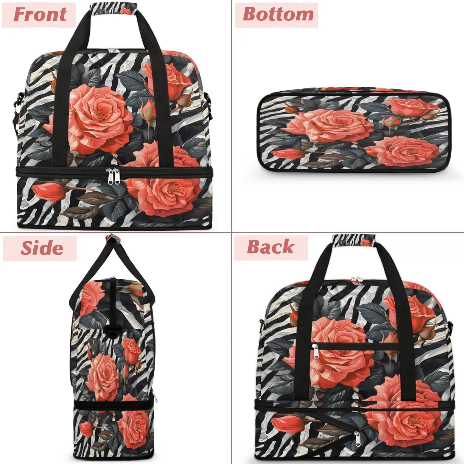 Graceful Rose Flora Pattern Travel Duffle Bag, Collapsible Travel Bag Sports Gym Bag With Shoes Compartment Weekender Bag Overnight Bag For Women Men