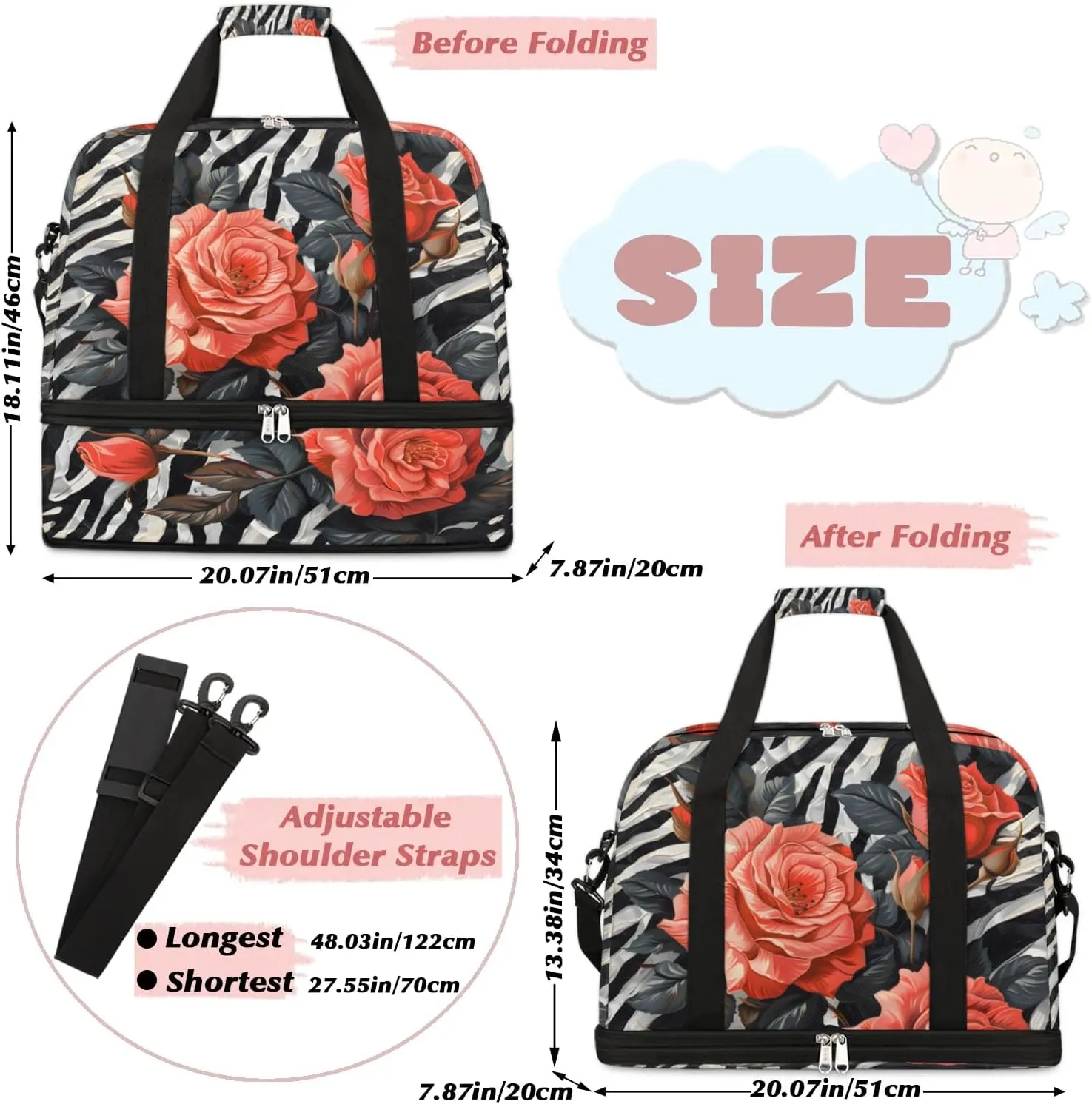 Graceful Rose Flora Pattern Travel Duffle Bag, Collapsible Travel Bag Sports Gym Bag With Shoes Compartment Weekender Bag Overnight Bag For Women Men