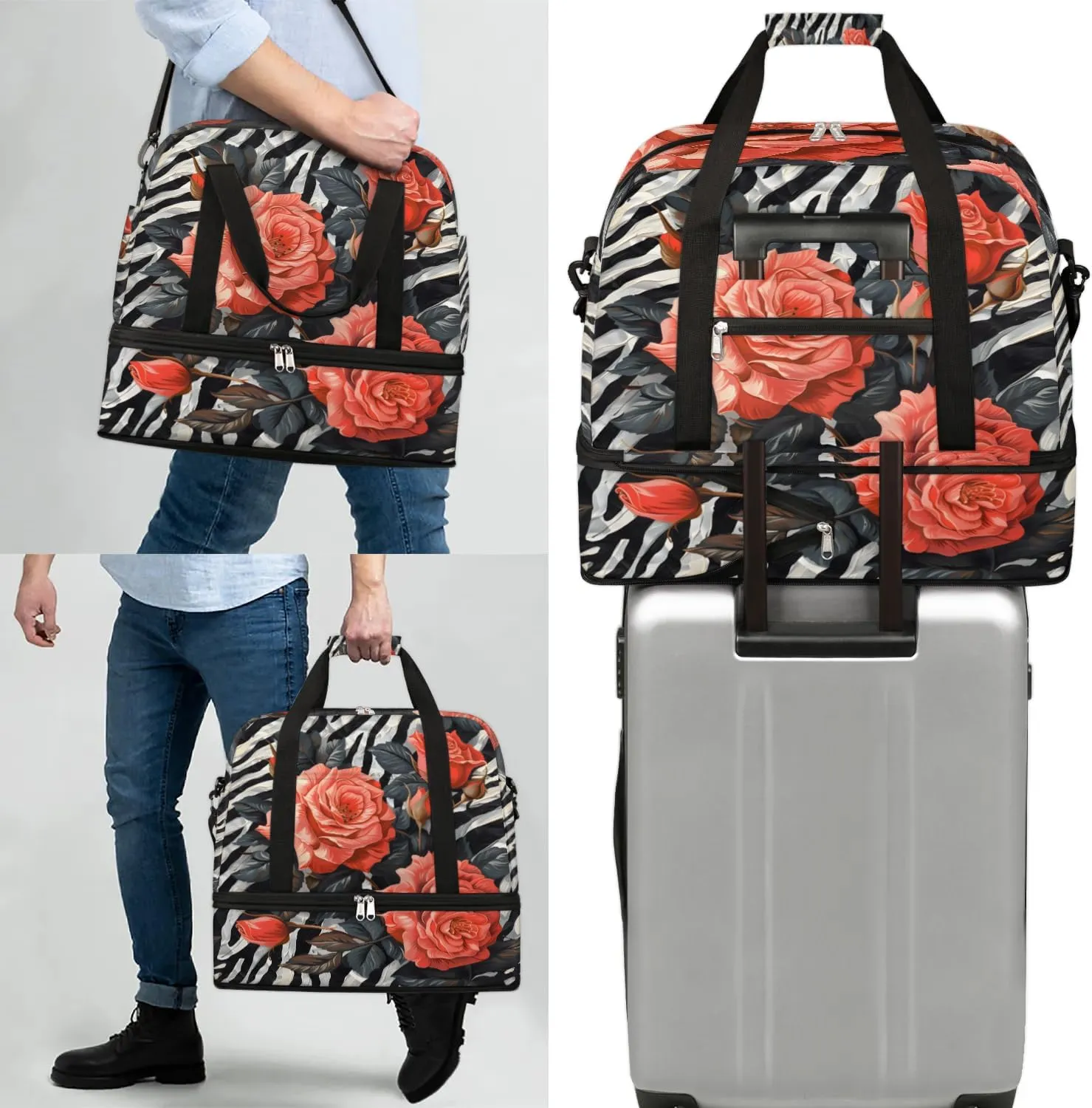 Graceful Rose Flora Pattern Travel Duffle Bag, Collapsible Travel Bag Sports Gym Bag With Shoes Compartment Weekender Bag Overnight Bag For Women Men