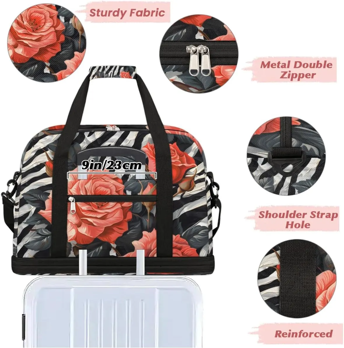 Graceful Rose Flora Pattern Travel Duffle Bag, Collapsible Travel Bag Sports Gym Bag With Shoes Compartment Weekender Bag Overnight Bag For Women Men