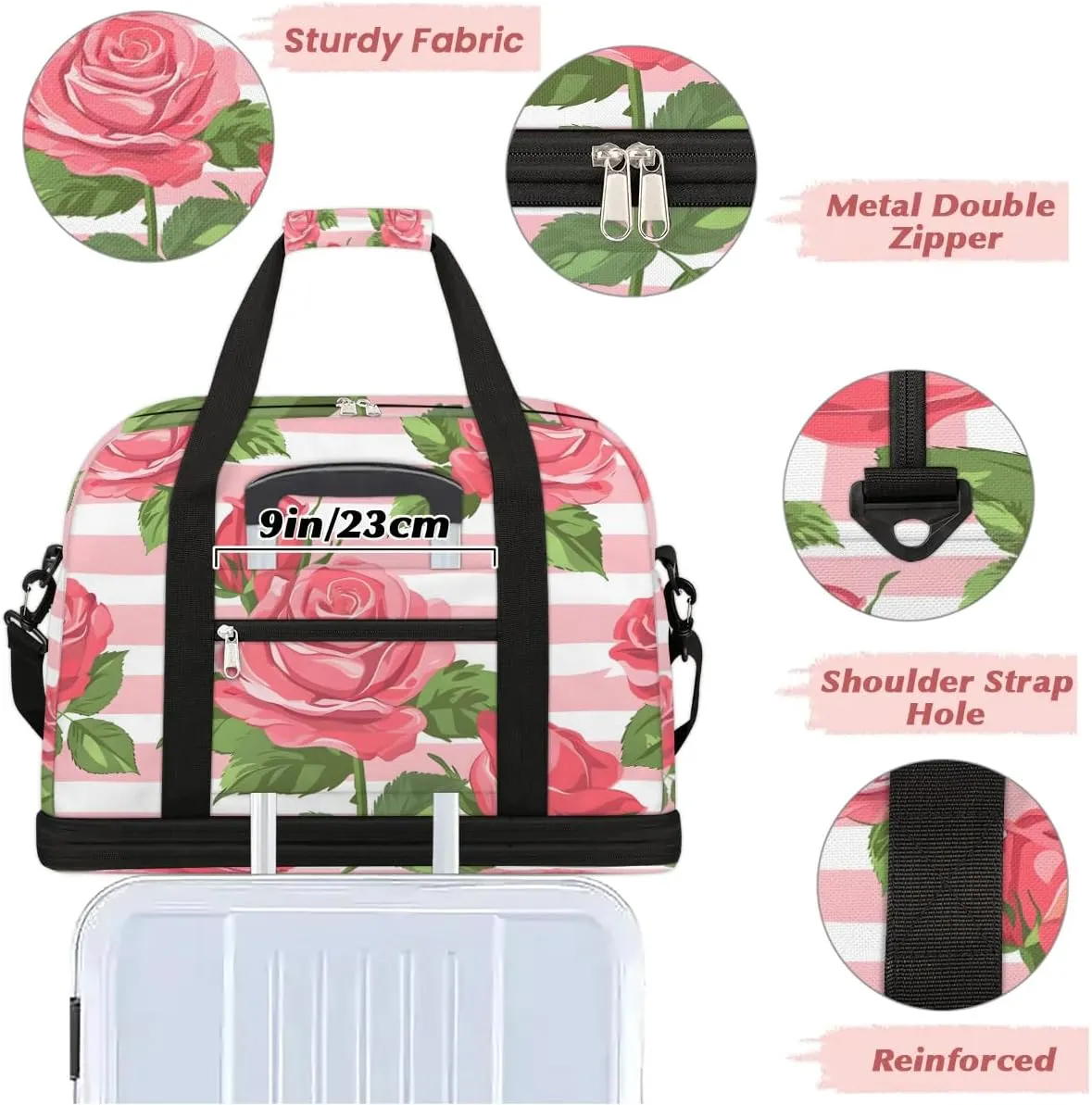 Graceful Rose Flora Printings Travel Duffle Bag, Collapsible Travel Bag Sports Gym Bag With Shoes Compartment Weekender Bag Overnight Bag For Women Men