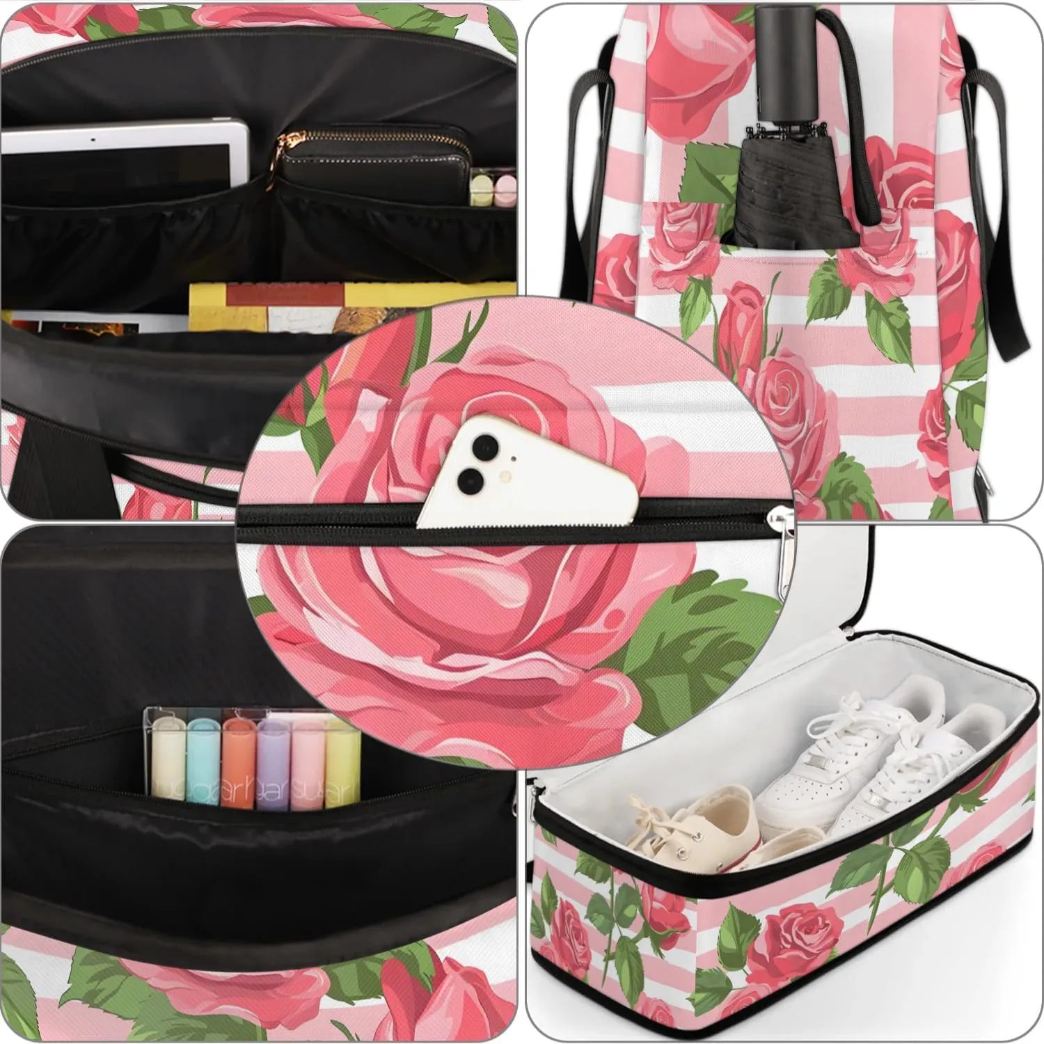 Graceful Rose Flora Printings Travel Duffle Bag, Collapsible Travel Bag Sports Gym Bag With Shoes Compartment Weekender Bag Overnight Bag For Women Men