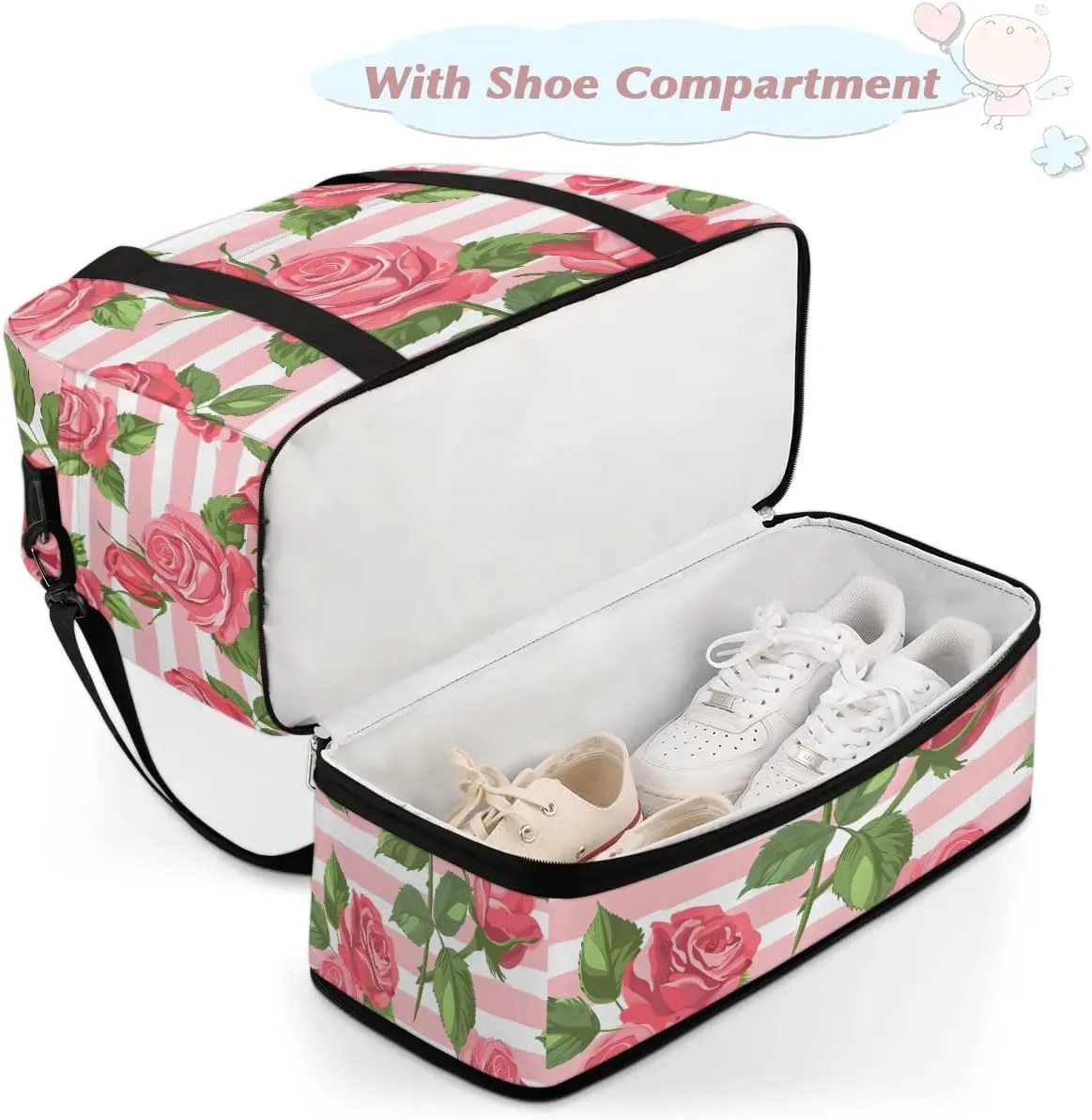 Graceful Rose Flora Printings Travel Duffle Bag, Collapsible Travel Bag Sports Gym Bag With Shoes Compartment Weekender Bag Overnight Bag For Women Men