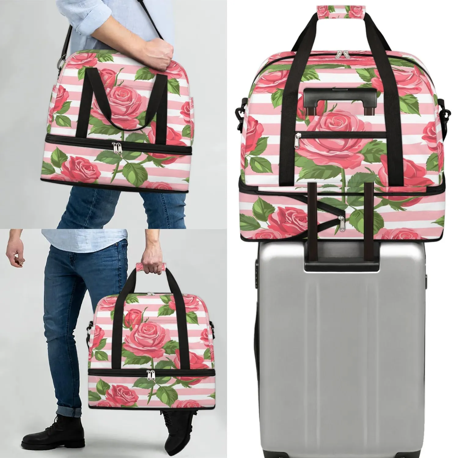 Graceful Rose Flora Printings Travel Duffle Bag, Collapsible Travel Bag Sports Gym Bag With Shoes Compartment Weekender Bag Overnight Bag For Women Men
