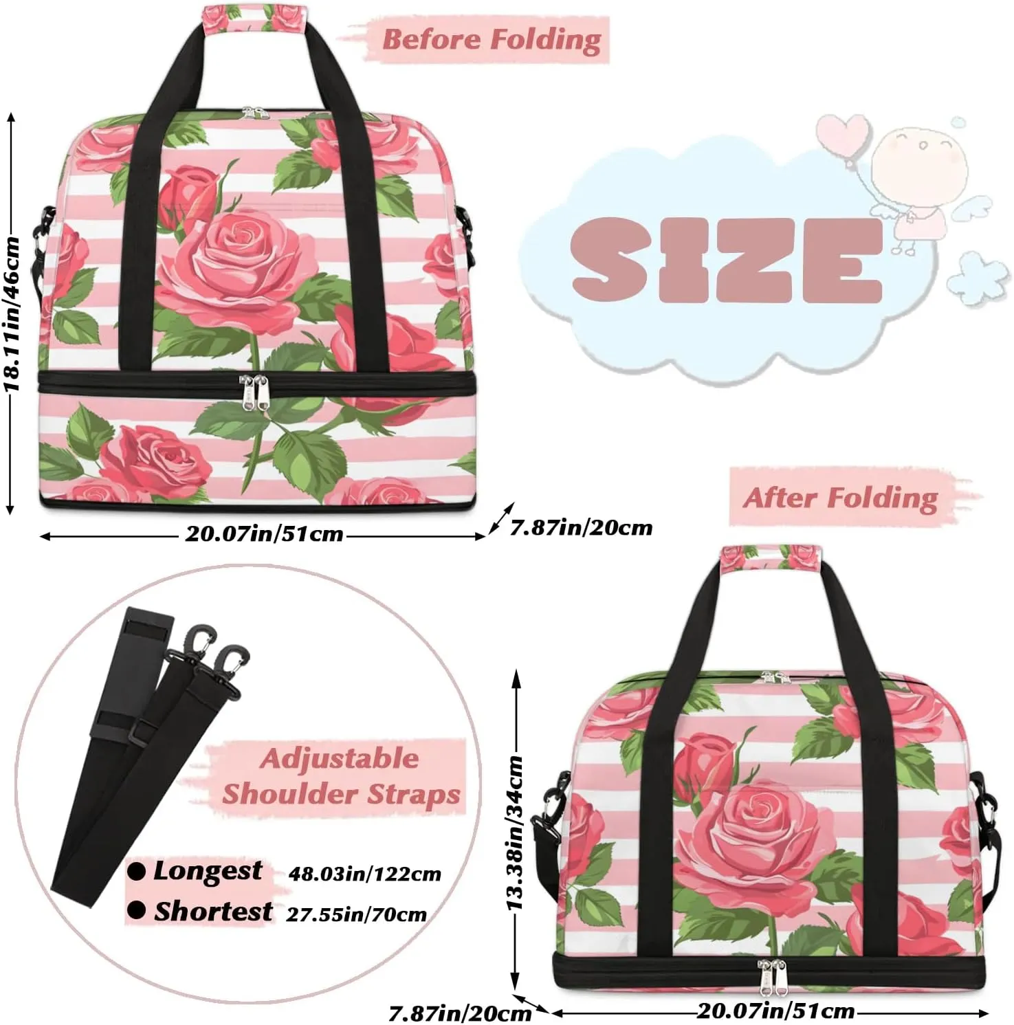 Graceful Rose Flora Printings Travel Duffle Bag, Collapsible Travel Bag Sports Gym Bag With Shoes Compartment Weekender Bag Overnight Bag For Women Men