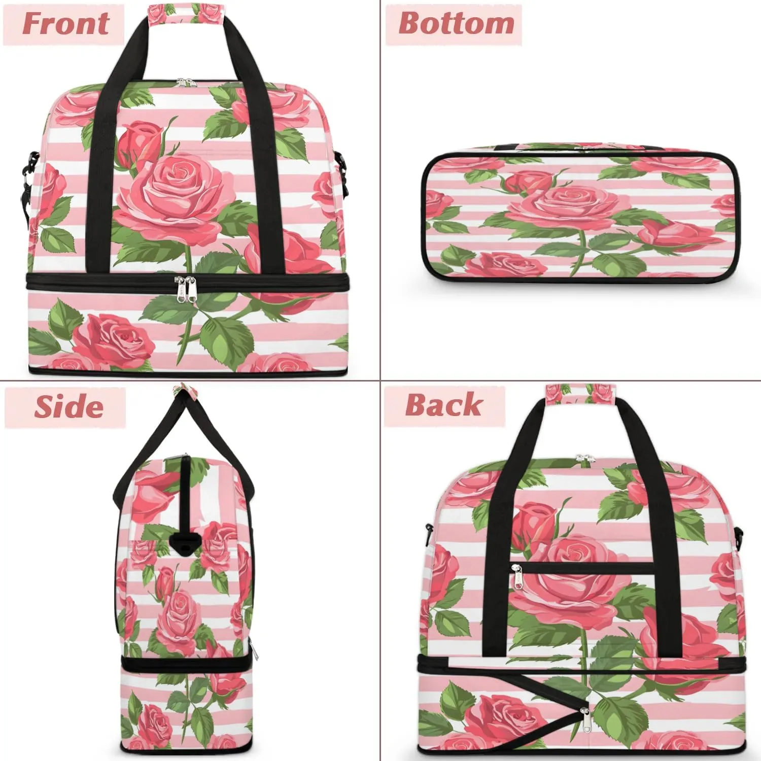 Graceful Rose Flora Printings Travel Duffle Bag, Collapsible Travel Bag Sports Gym Bag With Shoes Compartment Weekender Bag Overnight Bag For Women Men