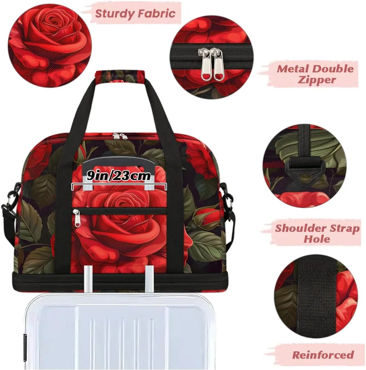 Graceful Rose Pattern Flora Travel Duffle Bag, Collapsible Travel Bag Sports Gym Bag With Shoes Compartment Weekender Bag Overnight Bag For Women Men
