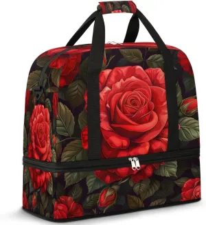 Graceful Rose Pattern Flora Travel Duffle Bag, Collapsible Travel Bag Sports Gym Bag With Shoes Compartment Weekender Bag Overnight Bag For Women Men