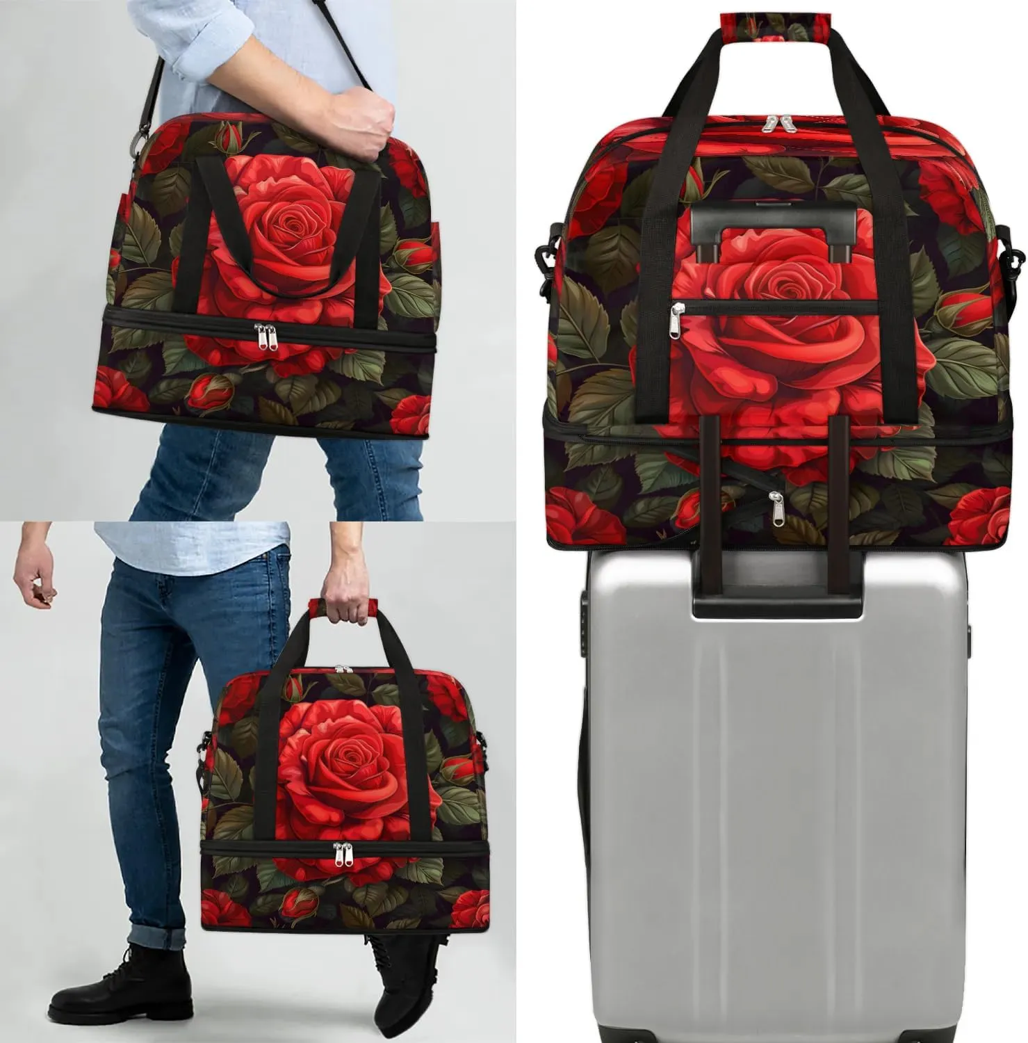 Graceful Rose Pattern Flora Travel Duffle Bag, Collapsible Travel Bag Sports Gym Bag With Shoes Compartment Weekender Bag Overnight Bag For Women Men