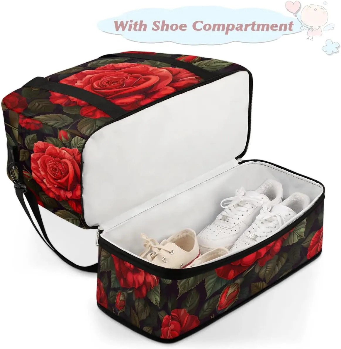 Graceful Rose Pattern Flora Travel Duffle Bag, Collapsible Travel Bag Sports Gym Bag With Shoes Compartment Weekender Bag Overnight Bag For Women Men