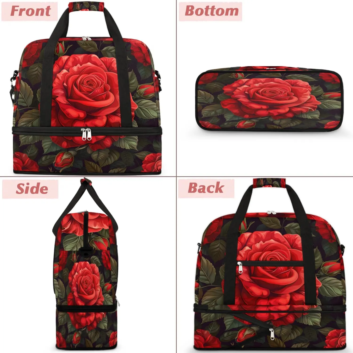 Graceful Rose Pattern Flora Travel Duffle Bag, Collapsible Travel Bag Sports Gym Bag With Shoes Compartment Weekender Bag Overnight Bag For Women Men