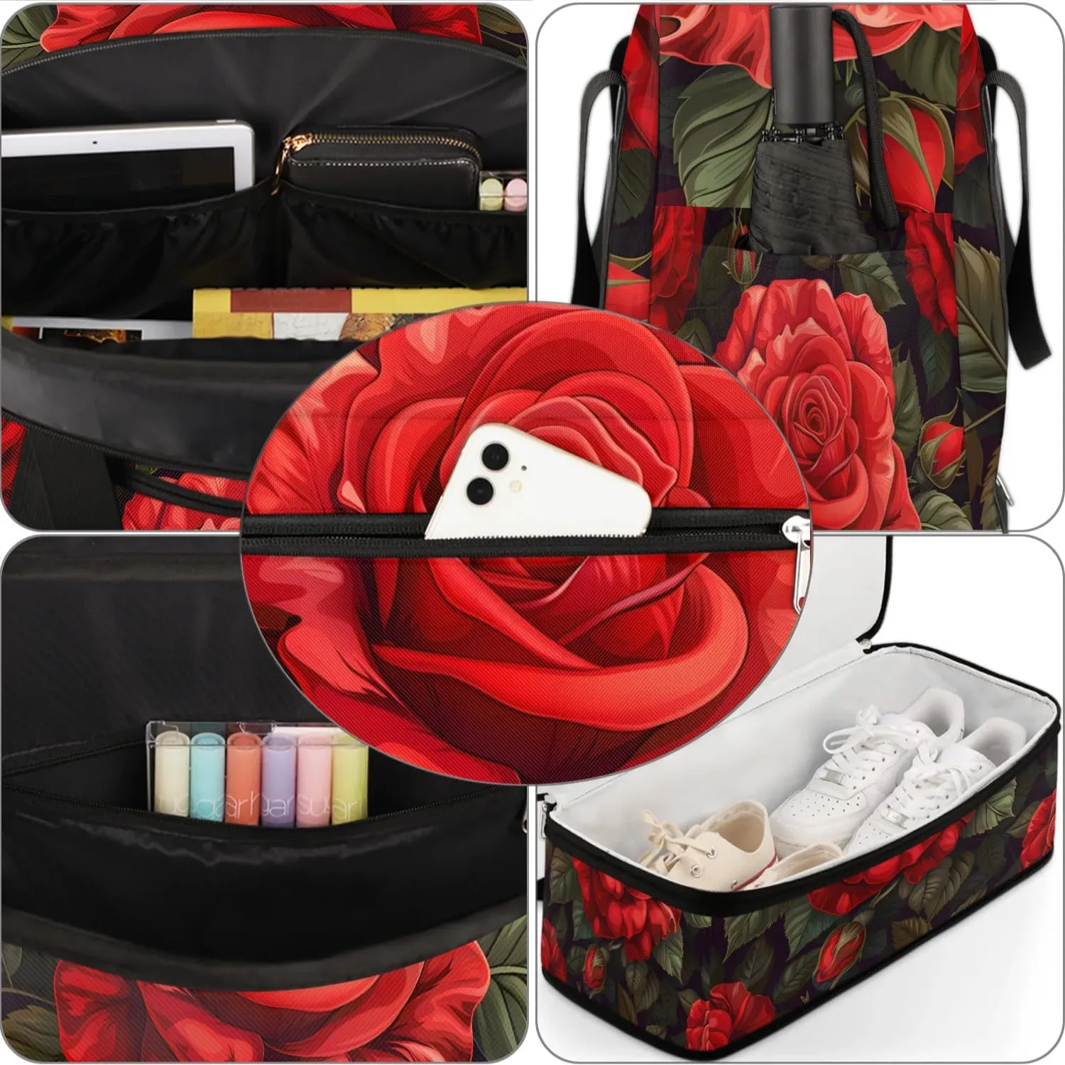 Graceful Rose Pattern Flora Travel Duffle Bag, Collapsible Travel Bag Sports Gym Bag With Shoes Compartment Weekender Bag Overnight Bag For Women Men