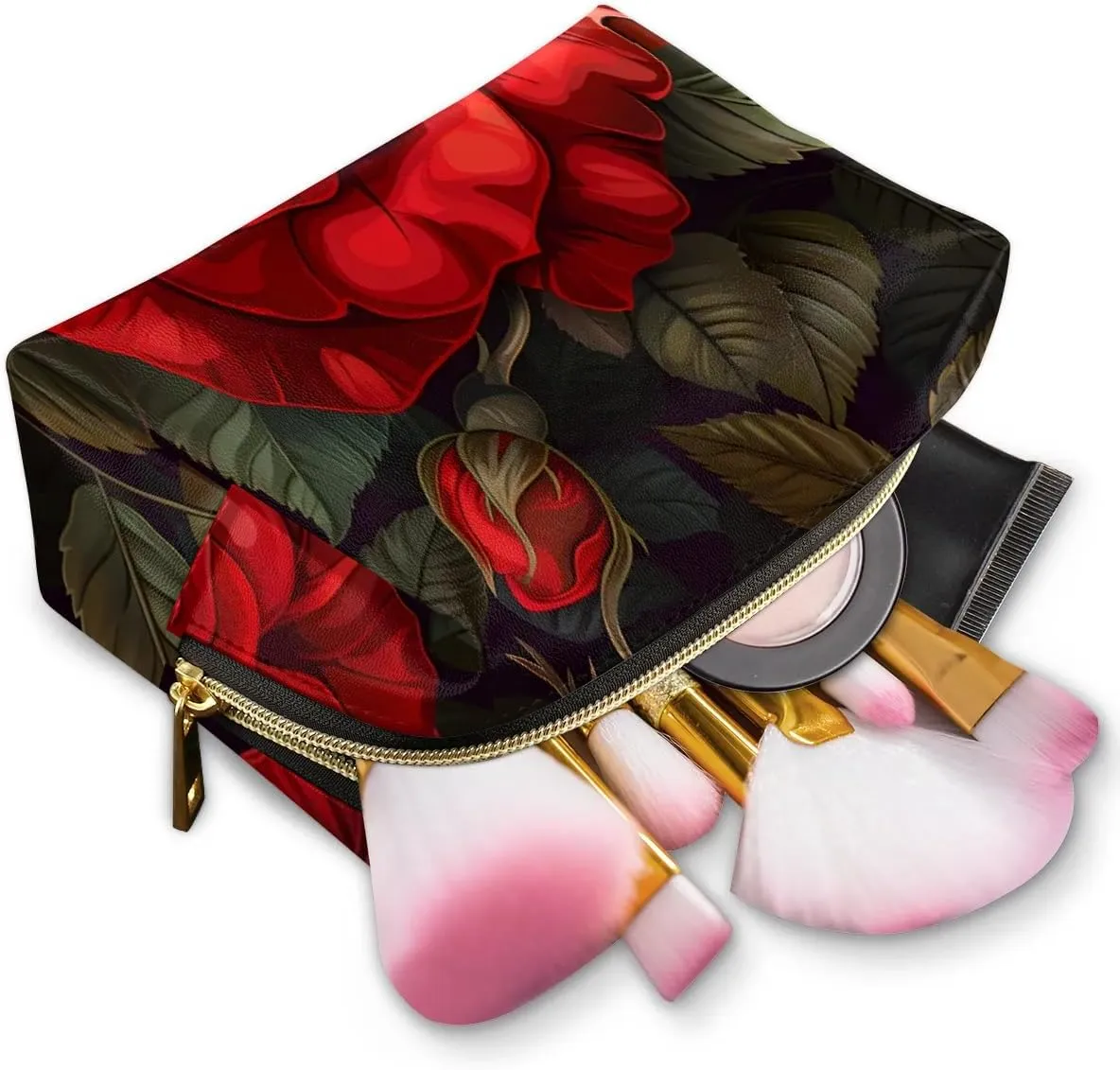 Graceful Rose Pattern Flora Travel Makeup Bag for Women, PU Leather Waterproof Checkered Cosmetic Bags Large Make up Bag Zipper Pouch