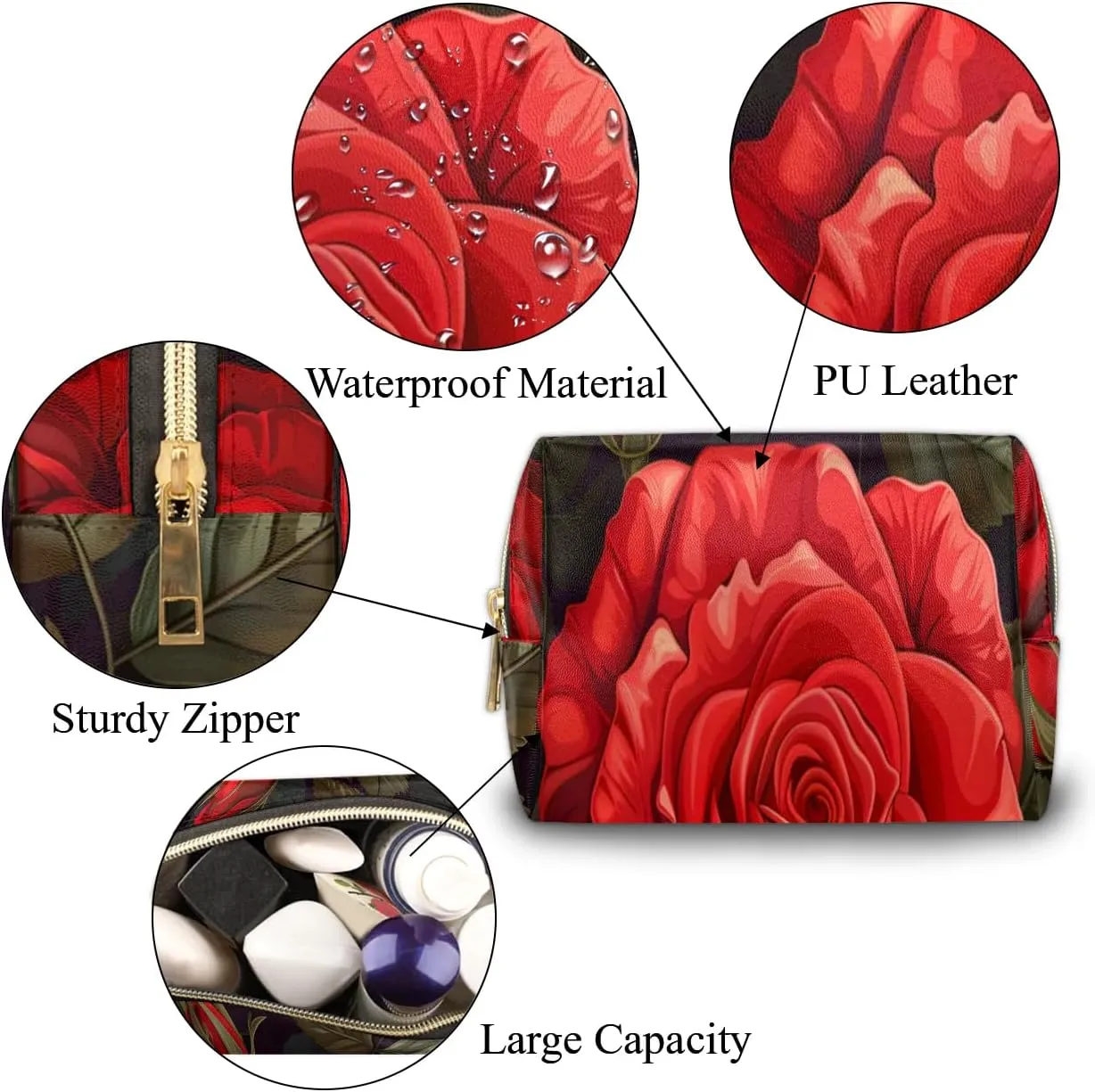 Graceful Rose Pattern Flora Travel Makeup Bag for Women, PU Leather Waterproof Checkered Cosmetic Bags Large Make up Bag Zipper Pouch