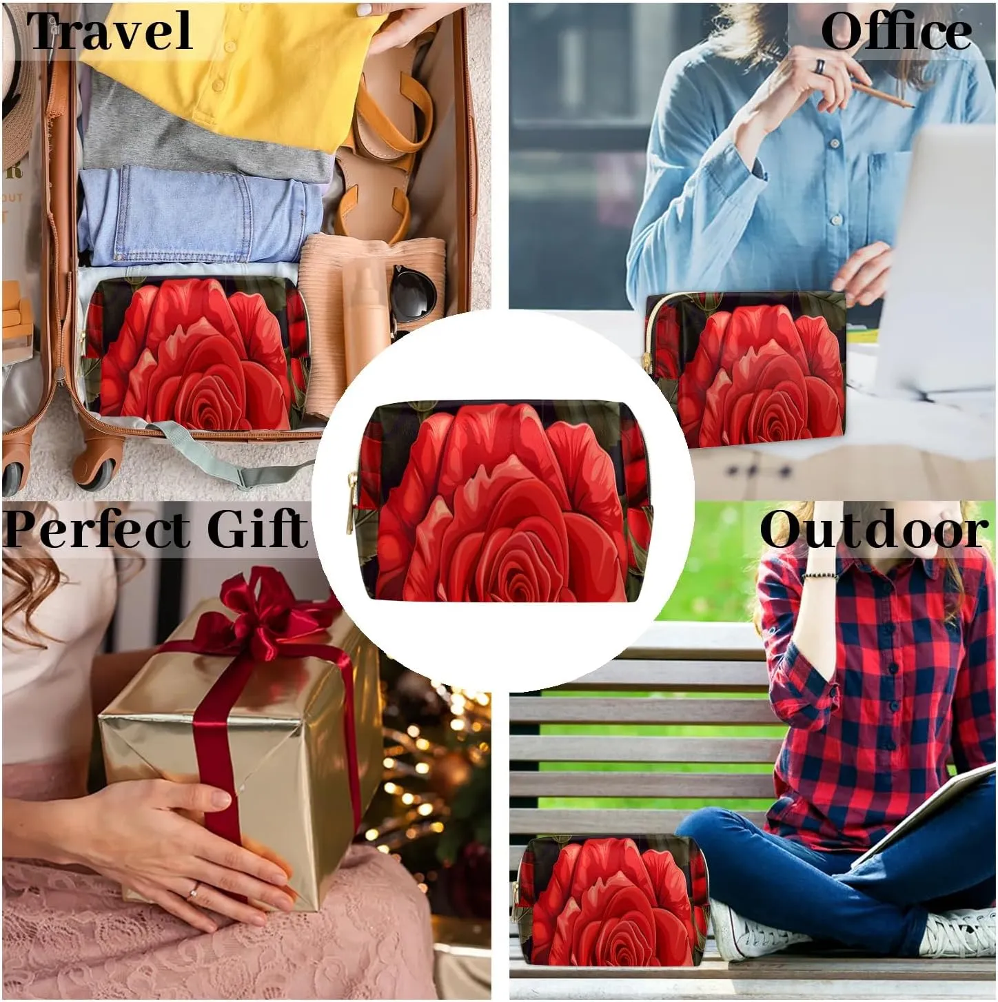Graceful Rose Pattern Flora Travel Makeup Bag for Women, PU Leather Waterproof Checkered Cosmetic Bags Large Make up Bag Zipper Pouch