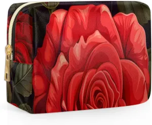 Graceful Rose Pattern Flora Travel Makeup Bag for Women, PU Leather Waterproof Checkered Cosmetic Bags Large Make up Bag Zipper Pouch