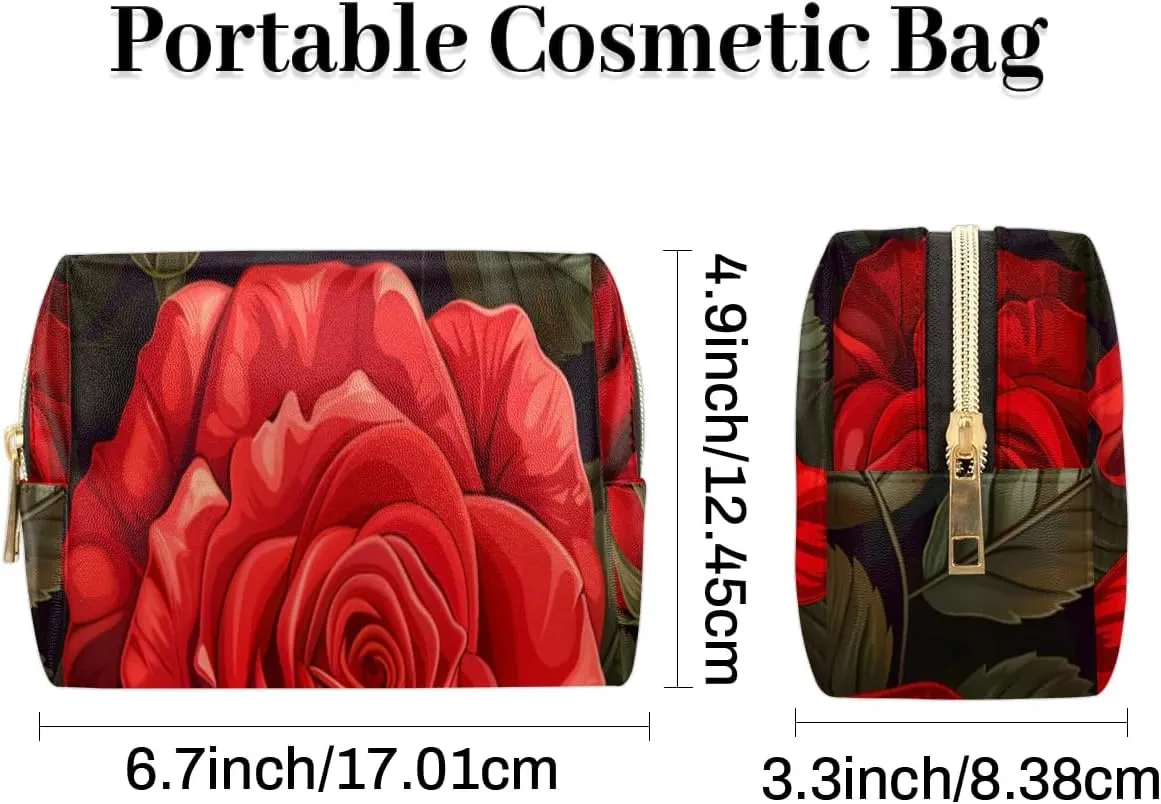 Graceful Rose Pattern Flora Travel Makeup Bag for Women, PU Leather Waterproof Checkered Cosmetic Bags Large Make up Bag Zipper Pouch